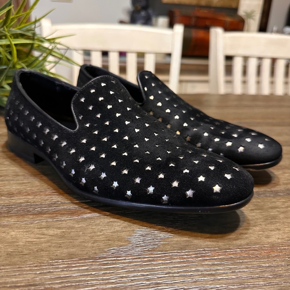 ALDO‎ Mens Black Suede Star Perforated Slip On Loafers Size 8 Dress Shoes